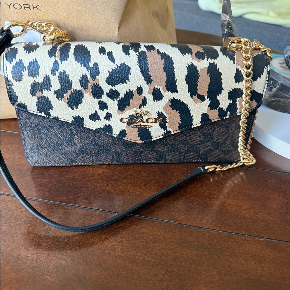 Coach Animal Print Crossbody Bag with Gold Chain